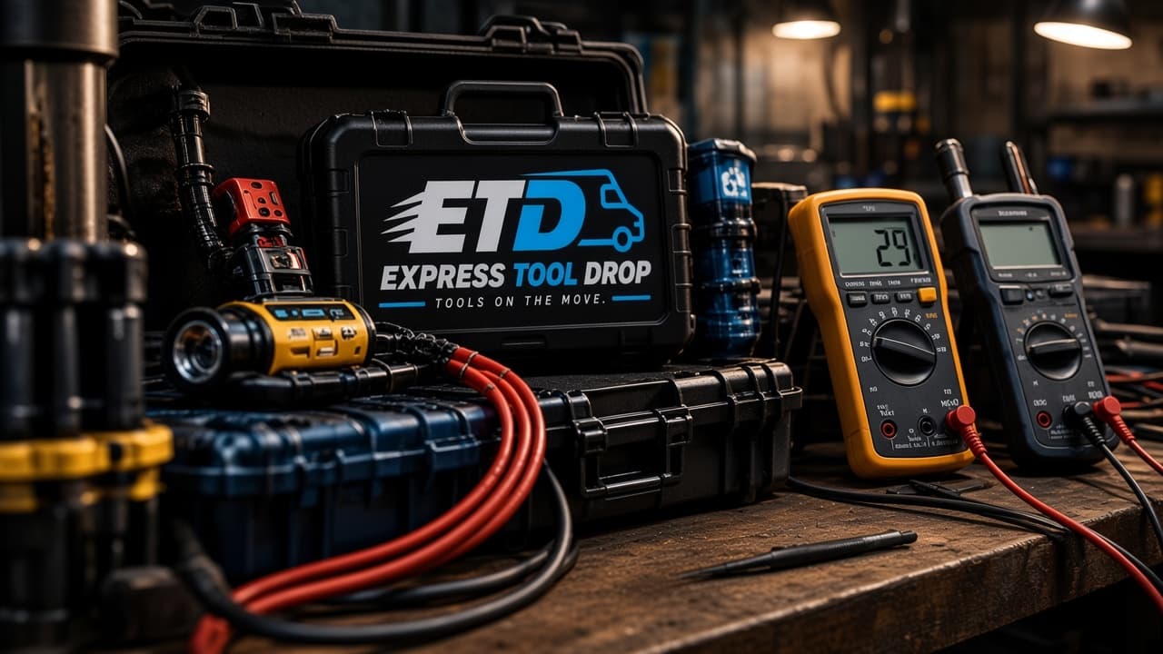Test equipment on a workbench, with a case marked Express Tool Drop.