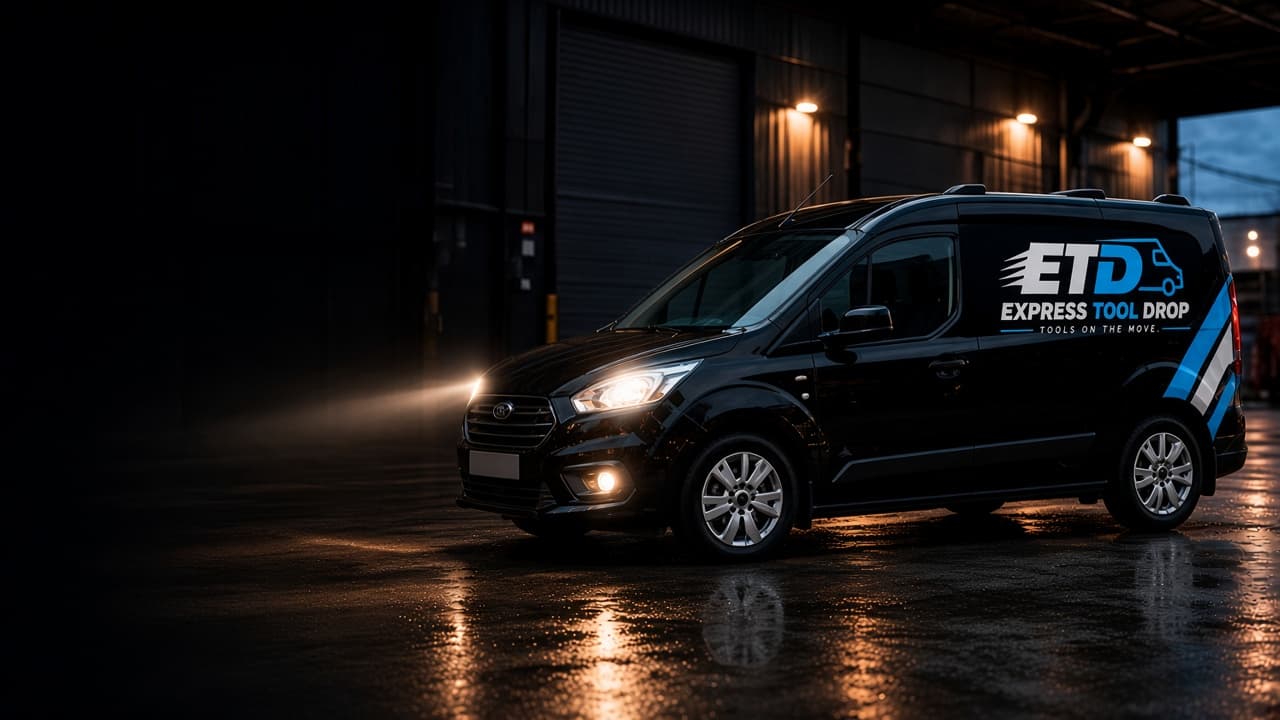 Black Express Tool Drop van with its headlights on, parked in a dark industrial building.