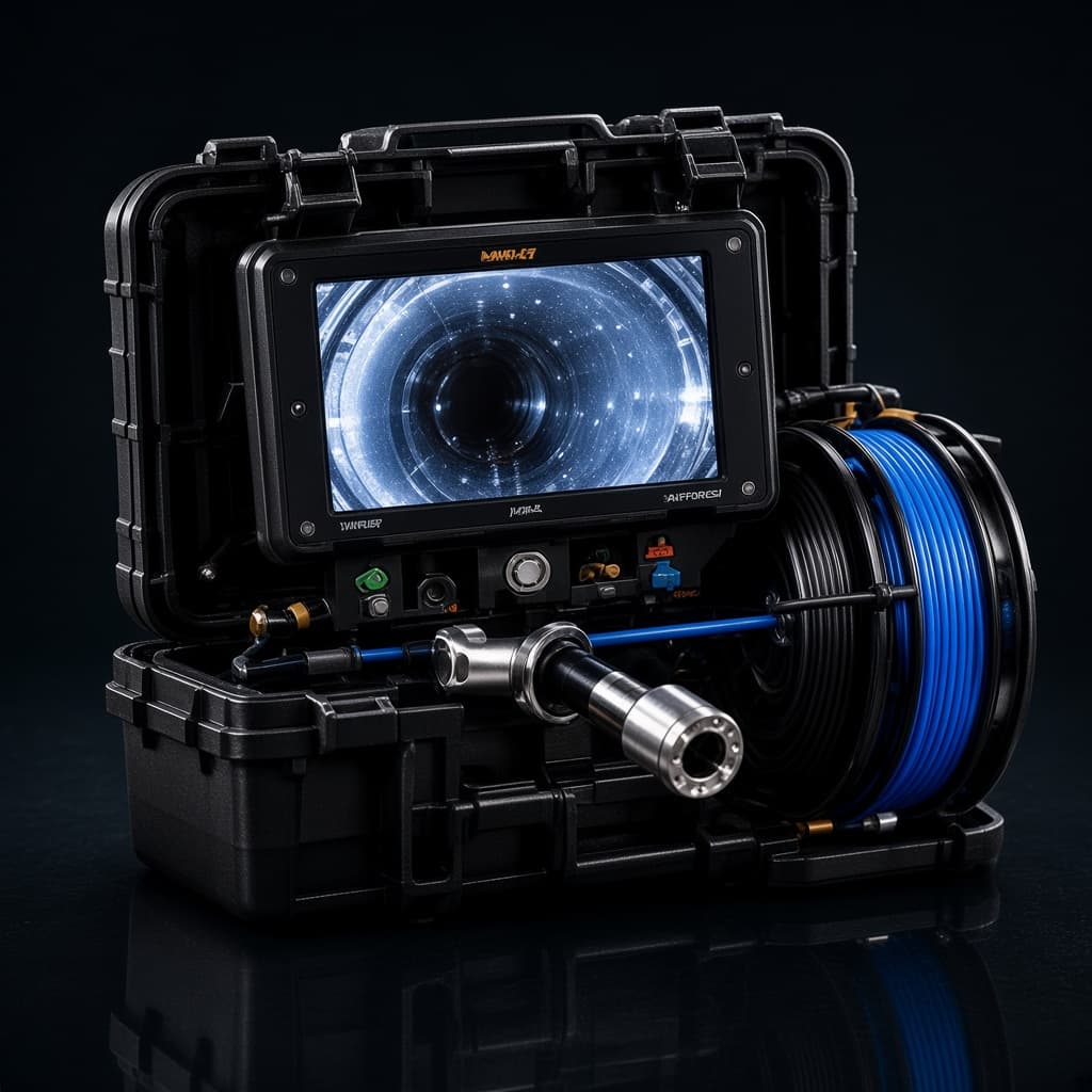Drain camera with a monitor, cable reel and camera head.