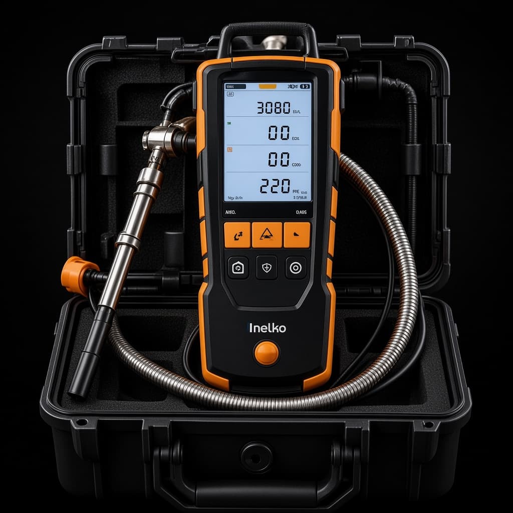 Handheld flue gas analyser with a probe.